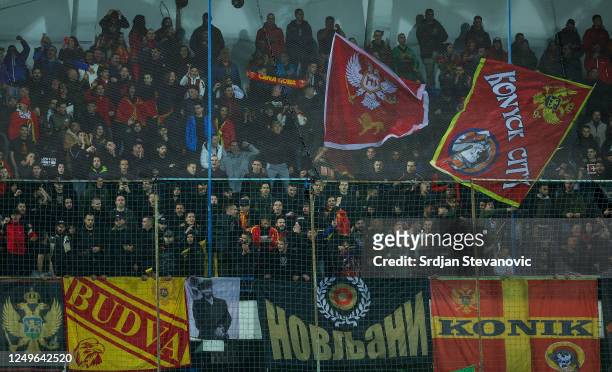 Fans of Montenegro give their support prior to the UEFA EURO 2024 qualifying round group B match between Montenegro and Serbia at Podgorica City...