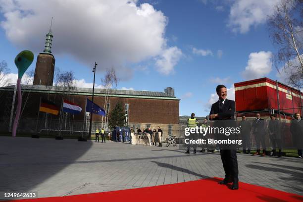 Mark Rutte, Netherlands prime minister, arrives at the Museum Boijmans Van Beuningen as Extinction Rebellion demonstrators protest in Rotterdam,...