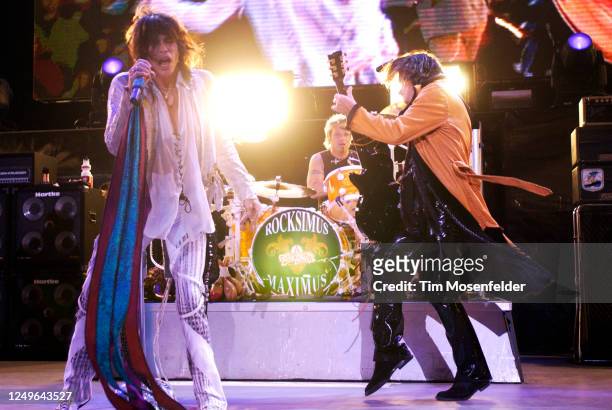 Steven Tyler, Joey Kramer, and Joe Perry of Aerosmith perform during the band's "Rocksimus Maximus" tour at Shoreline Amphitheatre on October 10,...