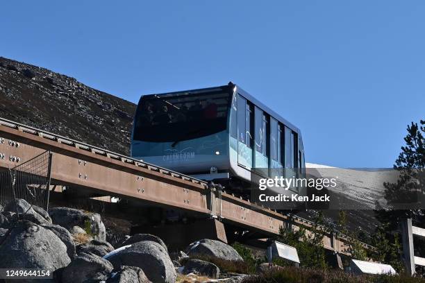 One of the carriages of the Cairngorm funicular railway, on March 27, 2023 in Aviemore, Scotland. The mountain railway gives snowsports enthusiasts...