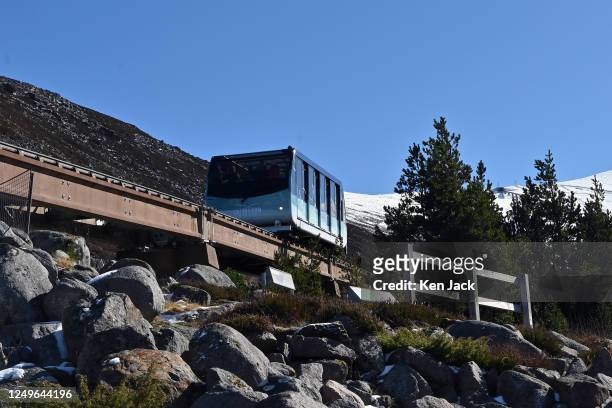 One of the carriages of the Cairngorm funicular railway, on March 27, 2023 in Aviemore, Scotland. The mountain railway gives snowsports enthusiasts...