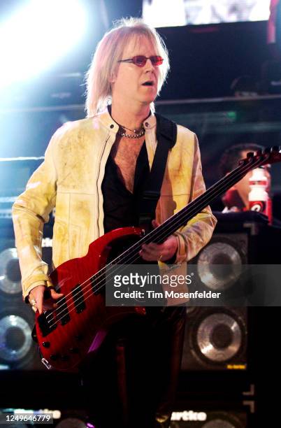 Tom Hamilton of Aerosmith performs during the band's "Rocksimus Maximus" tour at Shoreline Amphitheatre on October 10, 2003 in Mountain View,...