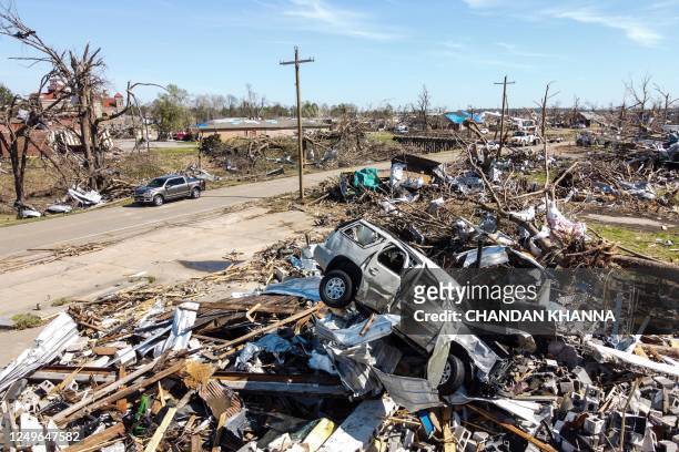 Aerial view of a destroyed neighborhood in Rolling Fork, Mississippi, after a tornado touched down in the area March 27, 2023. - Storm-ravaged...