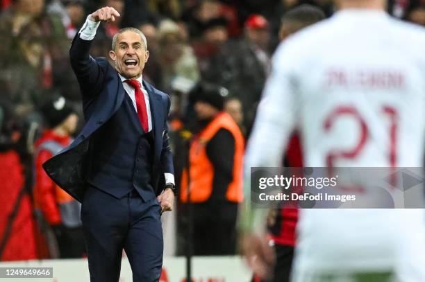 Coach Sylvinho of Albania gestures during the UEFA EURO 2024 qualifying round group E match between Poland and Albania at National Stadium on March...