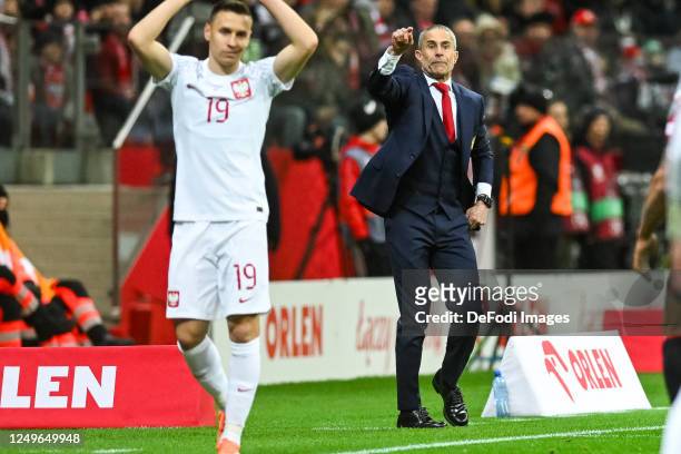 Coach Sylvinho of Albania gestures during the UEFA EURO 2024 qualifying round group E match between Poland and Albania at National Stadium on March...
