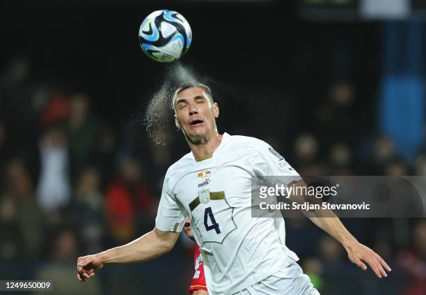 Nikola Milenkovic of Serbia in action during the UEFA EURO 2024 qualifying round group B match between Montenegro and Serbia at Podgorica City...