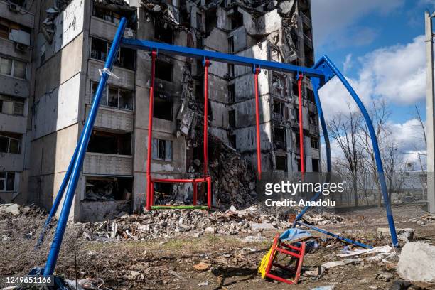 View of a playground near destroyed buildings as the Russia-Ukraine war continues at Saltivka in Kharkiv, Ukarine on March 27, 2023.