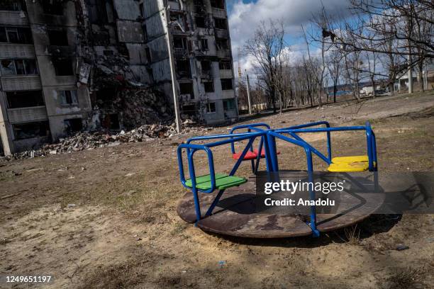 View of a playground near destroyed buildings as the Russia-Ukraine war continues at Saltivka in Kharkiv, Ukarine on March 27, 2023.