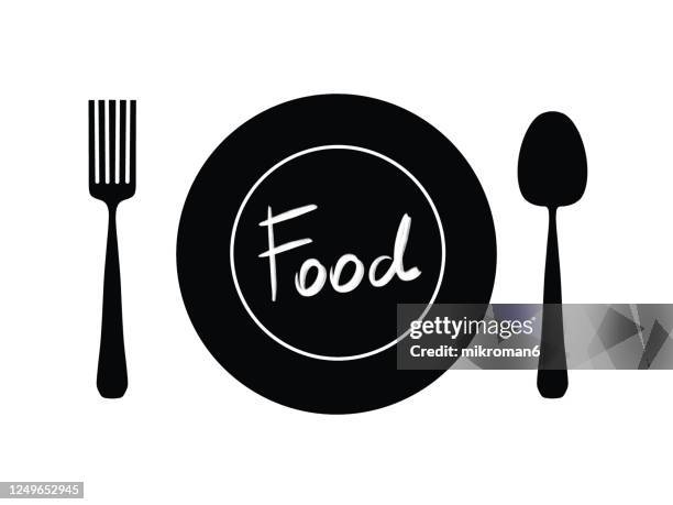 drawing of a plate with a spoon and a fork - food dessin animee photos et images de collection