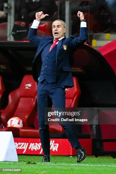 Coach Sylvinho of Albania gestures during the UEFA EURO 2024 qualifying round group E match between Poland and Albania at National Stadium on March...