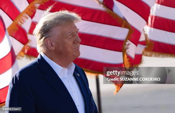 Former US President Donald Trump speaks during a 2024 election campaign rally in Waco, Texas, March 25, 2023. - Trump held the rally at the site of...