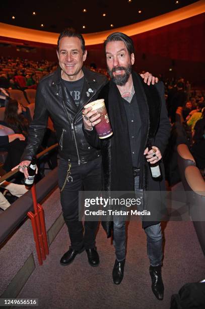 Alec Voelkel and Sascha Vollmer of the band The BossHoss attend the "Happy Birthday Tabaluga!" anniversary gala at Zoo Palast on March 27, 2023 in...