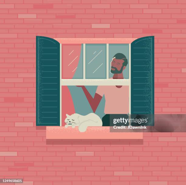 outside looking in concept - window sill stock illustrations