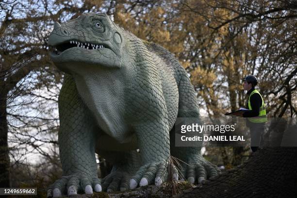 An engineer studies one of the Crystal Palace Dinosaurs in Crystal Palace Park in south London on March 27 following news that the park is to receive...