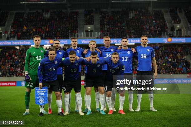 Team Estonia posing for a team photo prior the UEFA EURO 2024 qualifying round group B match between Austria and Estonia at Raiffeisen Arena on March...