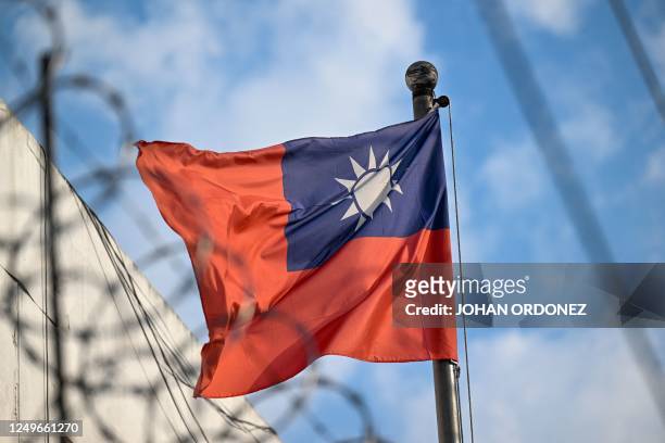 Detail of Taiwan national flag at Taiwan's embassy in Guatemala City, taken on March 27, 2023.