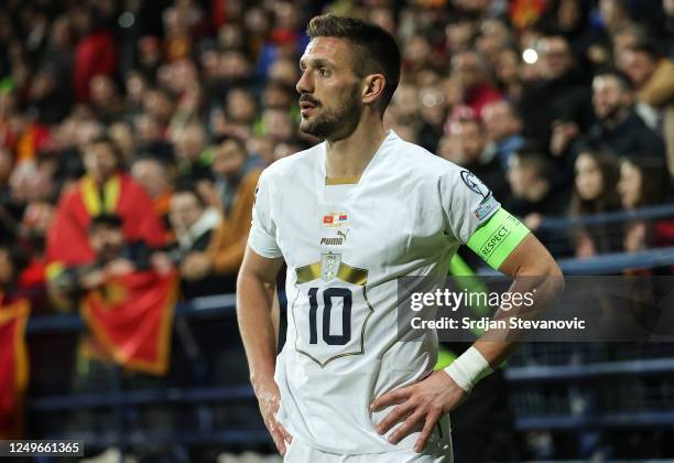 Dusan Tadic of Serbia looks on during the UEFA EURO 2024 qualifying round group B match between Montenegro and Serbia at Podgorica City Stadium on...
