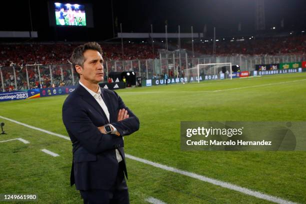 Head coach Guillermo Barros Schelotto of Paraguay looks on during an international friendly match at Estadio Monumental David Arellano on March 27,...