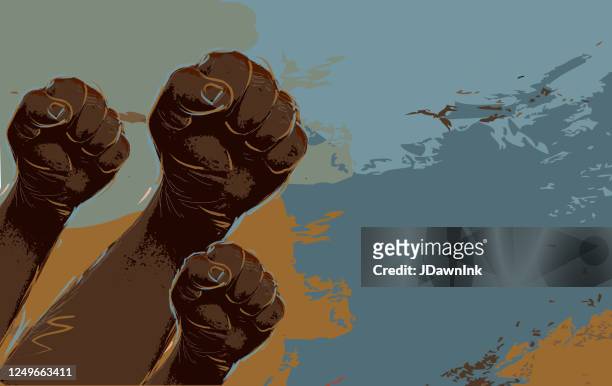 gruppe von demonstranten oder aktivisten in der luft - afrikanischer abstammung stock-grafiken, -clipart, -cartoons und -symbole