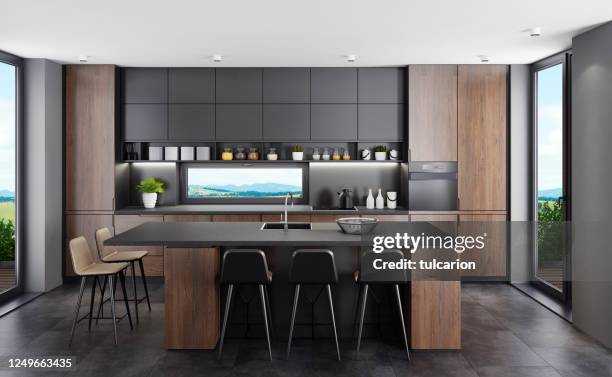 fresh matte balck kitchen with english oak wood cabinets and island table at country side background - kitchen black stock pictures, royalty-free photos & images