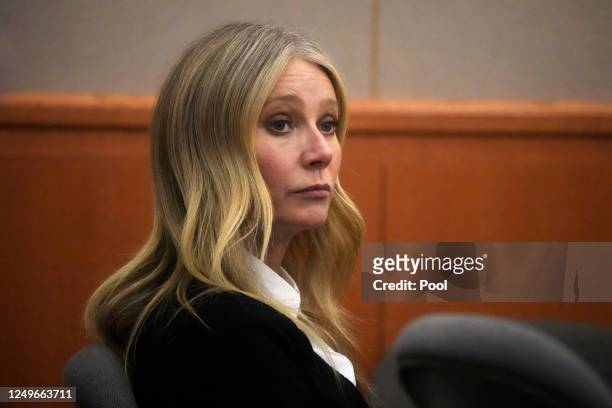 Actor Gwyneth Paltrow sits in court during her civil trial over a collision with another skier on March 27 in Park City, Utah. Retired optometrist...
