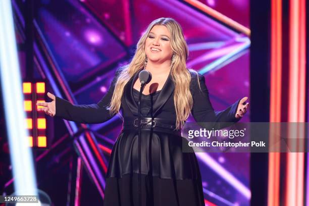 Kelly Clarkson speaks onstage at the 2023 iHeartRadio Music Awards held at The Dolby Theatre on March 27, 2023 in Los Angeles, California.