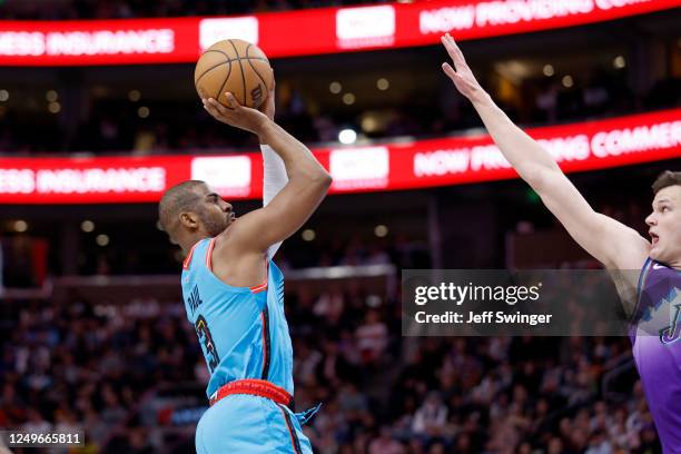 Chris Paul of the Phoenix Suns shoots the ball against the Utah Jazz on March 27. 2023 at vivint.SmartHome Arena in Salt Lake City, Utah. NOTE TO...