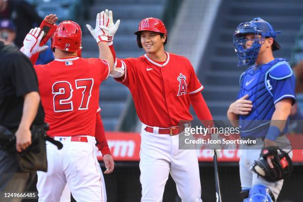 Los Angeles Angels center fielder Mike Trout gets a high five from Los Angeles Angels designated hitter Shohei Ohtani after a home run during the MLB...