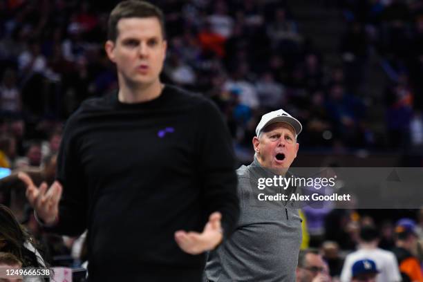 Utah Jazz CEO Danny Ainge reacts to a play during the second half of a game against the Phoenix Suns at Vivint Arena on March 27, 2023 in Salt Lake...