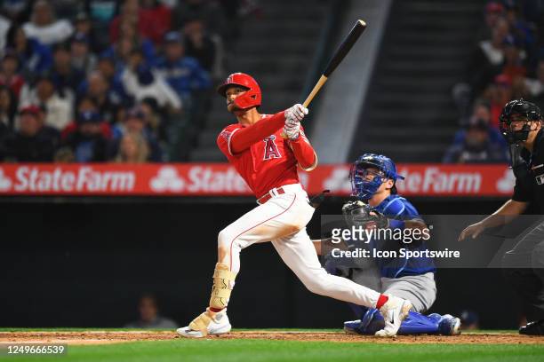 Los Angeles Angels designated hitter Jeremiah Jackson swings at a pitch during the MLB Spring Training game between the Los Angeles Dodgers and the...