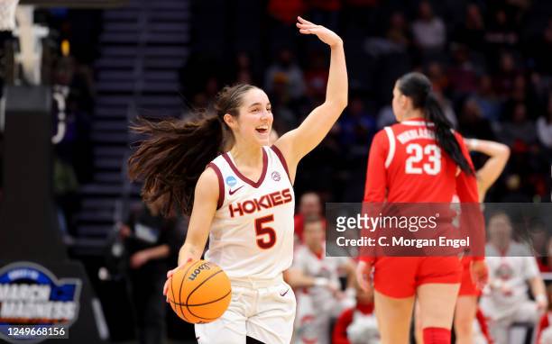 Virginia Tech Hokies guard Georgia Amoore celebrates as time winds down in the second half of the game during the Elite Eight round of the 2023 NCAA...