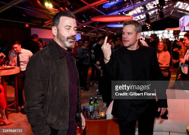 Jimmy Kimmel and Matt Damon at the World Premiere of "AIR" held at the Regency Village Theatre on March 27, 2023 in Los Angeles, California.
