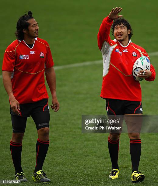 Taihei Ueda and Kosuke Endo of Japan during a Japan IRB Rugby World Cup 2011 captain's run at Waikato Stadium on September 15, 2011 in Hamilton, New...