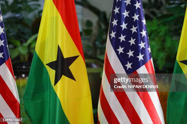 General view of US and Ghana flags at the Jubilee House presidential palace in Accra, Ghana, on March 27, 2023. - US Vice President Kamala Harris...