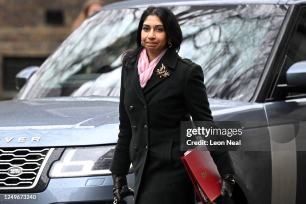 British Home Secretary Suella Braverman arrives for a cabinet meeting at Downing Street on March 28, 2023 in London, England. Government ministers...