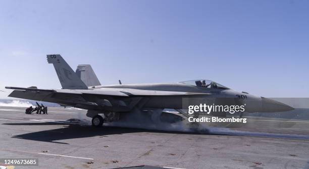 Navy F-18 Super Hornet on the flight deck of the USS Aircraft Carrier Nimitz during a South Korea and US combined maritime exercise off the coast of...
