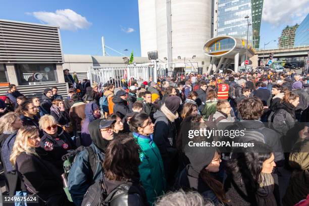 People are seen blocking the Ivry-sur-Seine waste incinerator centre. Garbage collectors, trade unionists, students, and railway workers blocked the...