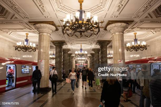 People walking on train platforms is seen in Avtovo underground metro station in Saint Petersburg, Russia, on May 22, 2019. Avtovo is considered...