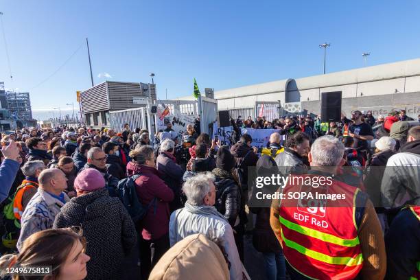 People are seen blocking the Ivry-sur-Seine waste incinerator centre. Garbage collectors, trade unionists, students, and railway workers blocked the...