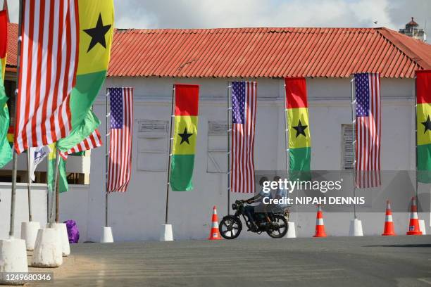 General view of US and Ghana flags at the Cape Coast Castle in Cape Coast, Ghana, on March 28 ahead of US Vice President Kamala Harris' vist. - US...