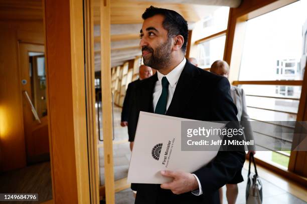 Newly elected leader of the Scottish National Party, Humza Yousaf attends the Scottish Parliament on March 28, 2023 in Edinburgh, Scotland. Humza...