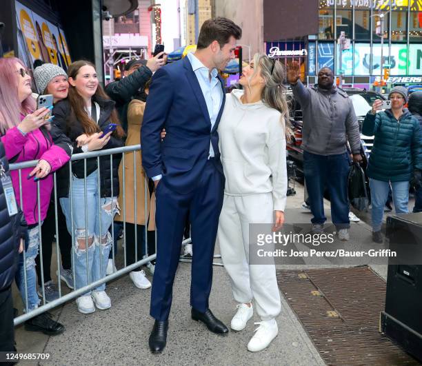 The Bachelor' Zach Shallcross and Katy Bigger are seen arriving to the 'Good Morning America' Show on March 28, 2023 in New York City.