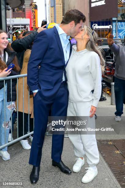 The Bachelor' Zach Shallcross and Katy Bigger are seen arriving to the 'Good Morning America' Show on March 28, 2023 in New York City.