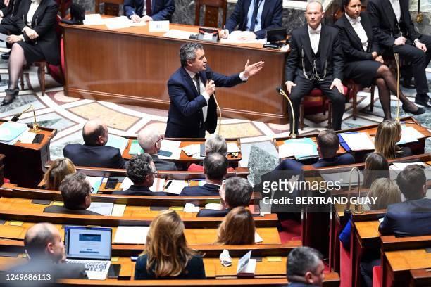 French Interior Minister and Overseas Gerald Darmanin speaks during a session of questions to the government at the French National Assembly in Paris...