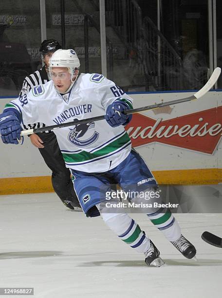 Nathan Longpre of the Vancouver Canucks skates for position during day four of the 2011 Vancouver Canucks NHL Young Stars Tournament at the South...