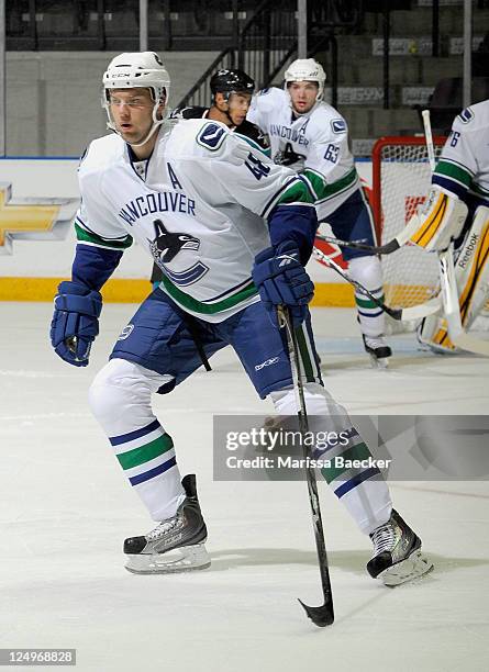 Stefan Schneider of the Vancouver Canucks skates on the ice against the San Jose Sharks during day four of the 2011 Vancouver Canucks NHL Young Stars...