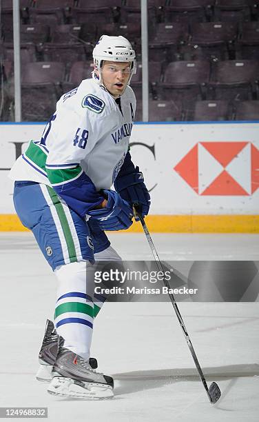 Stefan Schneider of the Vancouver Canucks skates on the ice against the San Jose Sharks during day four of the 2011 Vancouver Canucks NHL Young Stars...