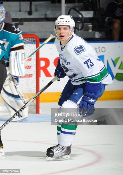 Antoine Roussel of the Vancouver Canucks skates on the ice against the San Jose Sharks during day four of the 2011 Vancouver Canucks NHL Young Stars...