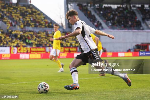 Noah Weißhaupt of Germany in action during the International Friendly match between U21 Romania and U21 Germany at Municipal Stadium on March 28,...