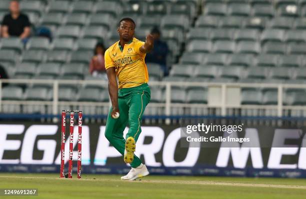 Kagiso Rabada bowling during the 3rd KFC T20 International match between South Africa and West Indies at DP World Wanderers Stadium on March 28, 2023...